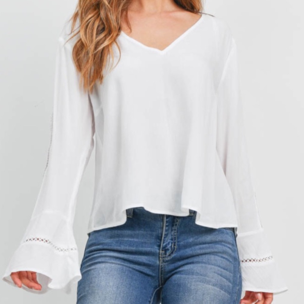 ❌DONATED❌Off White Long Bell Sleeve Oversized V-neck Tie Top - Picture 3 of 17